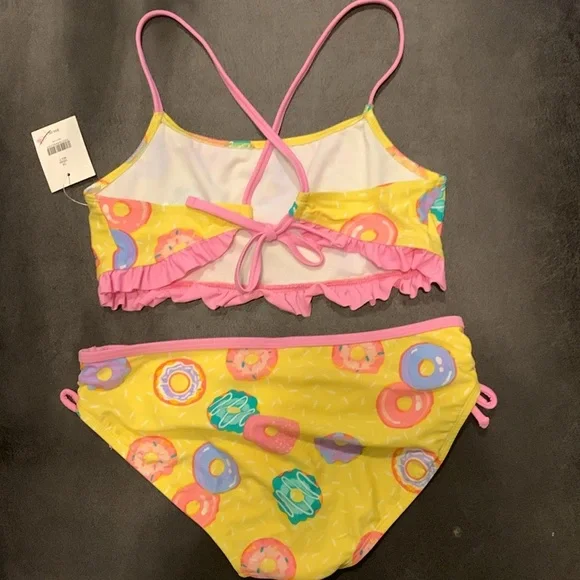 Crown & Ivy Kids Two Piece Swim Suit Bikini Donut Print Ruffles Size 14 - Picture 6 of 7